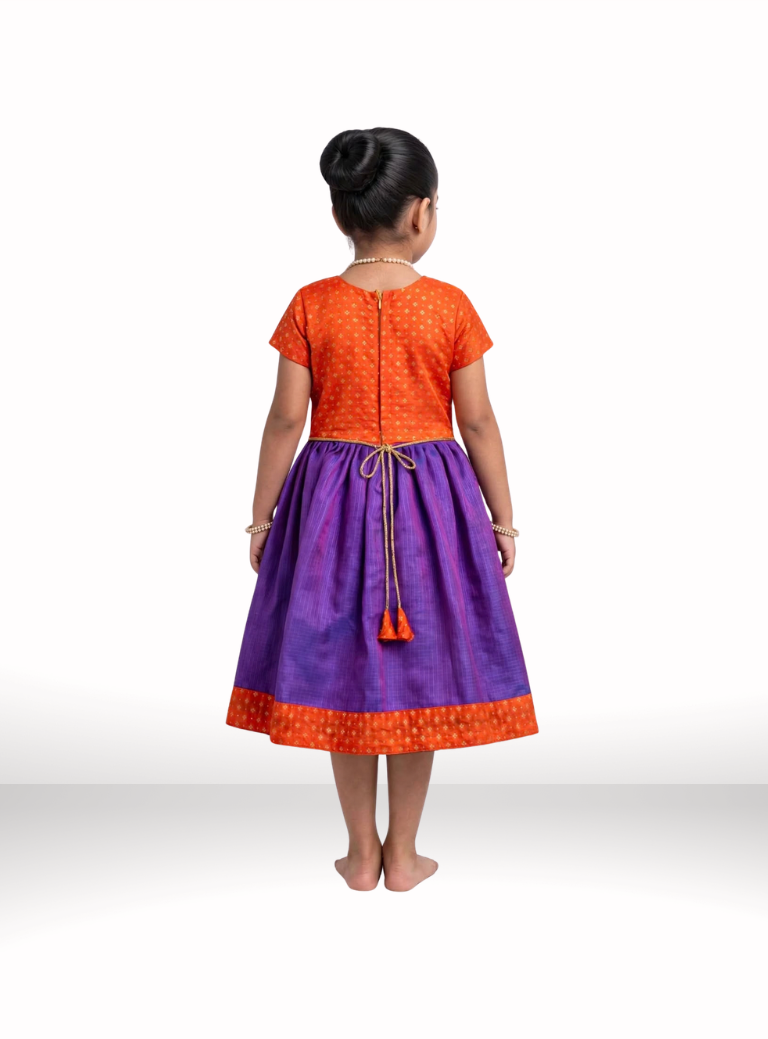 Purple Kotta Silk Flared Dress With Orange Brocade Silk Bodice