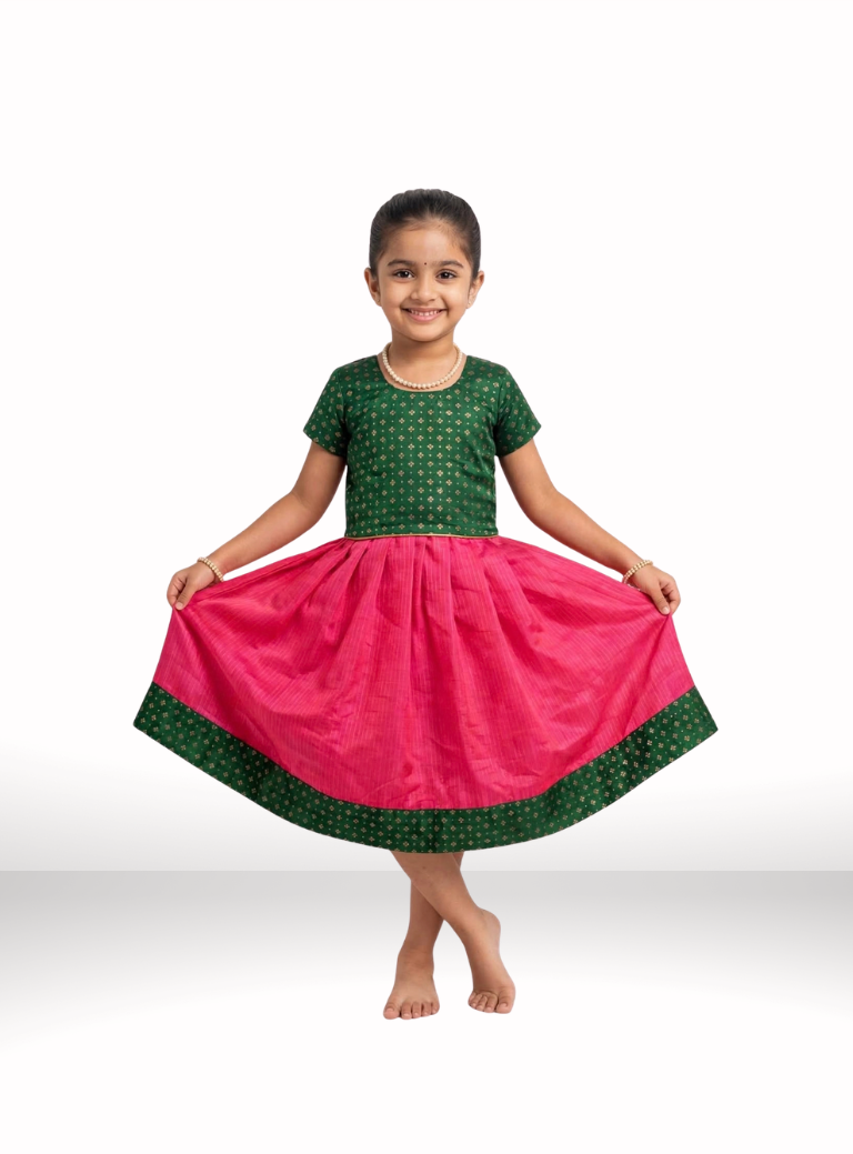 Pink Kotta Silk Flared Dress With Green Brocade Silk Bodice