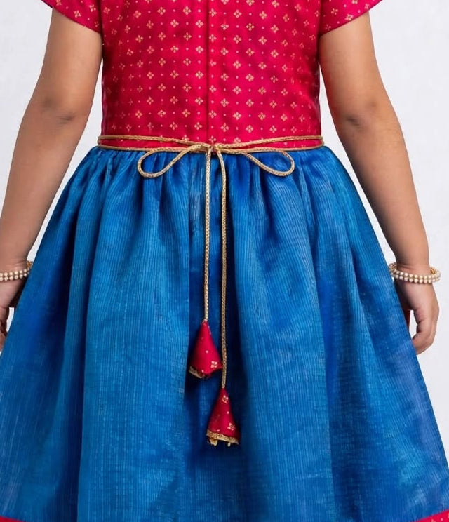 Blue Kotta Silk Flared Dress With Scarlet Brocade Silk Bodice