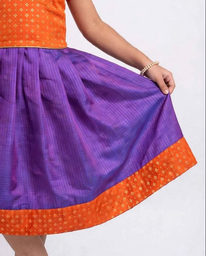 Purple Kotta Silk Flared Dress With Orange Brocade Silk Bodice
