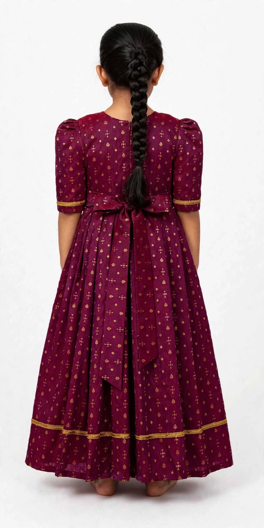 Wine Brocade Silk Flared Gown With Paithani Motif Yoke