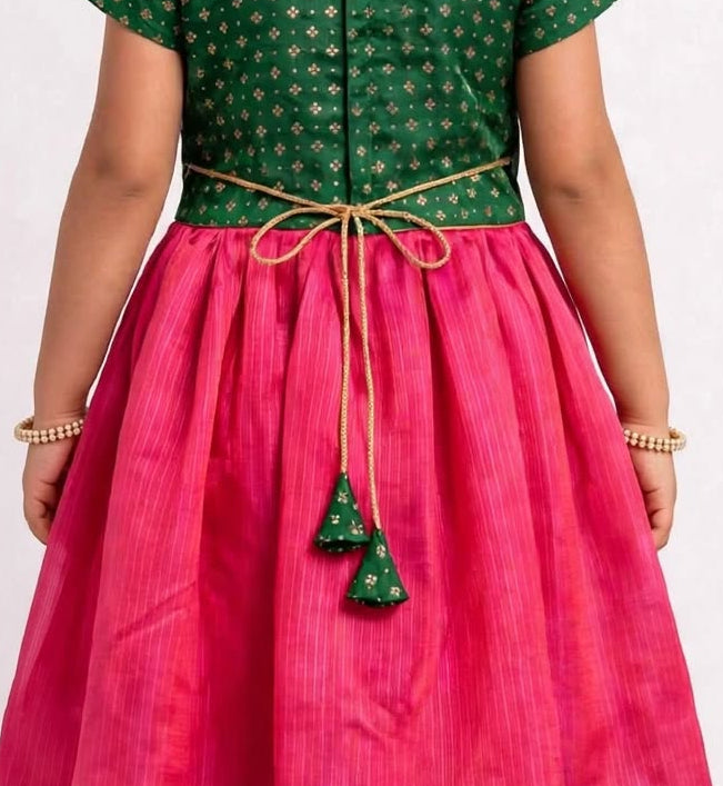 Pink Kotta Silk Flared Dress With Green Brocade Silk Bodice