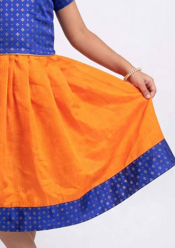 Orange Kotta Silk Flared Dress With Blue Brocade Silk Bodice
