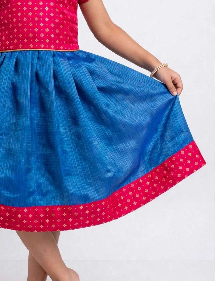 Blue Kotta Silk Flared Dress With Scarlet Brocade Silk Bodice