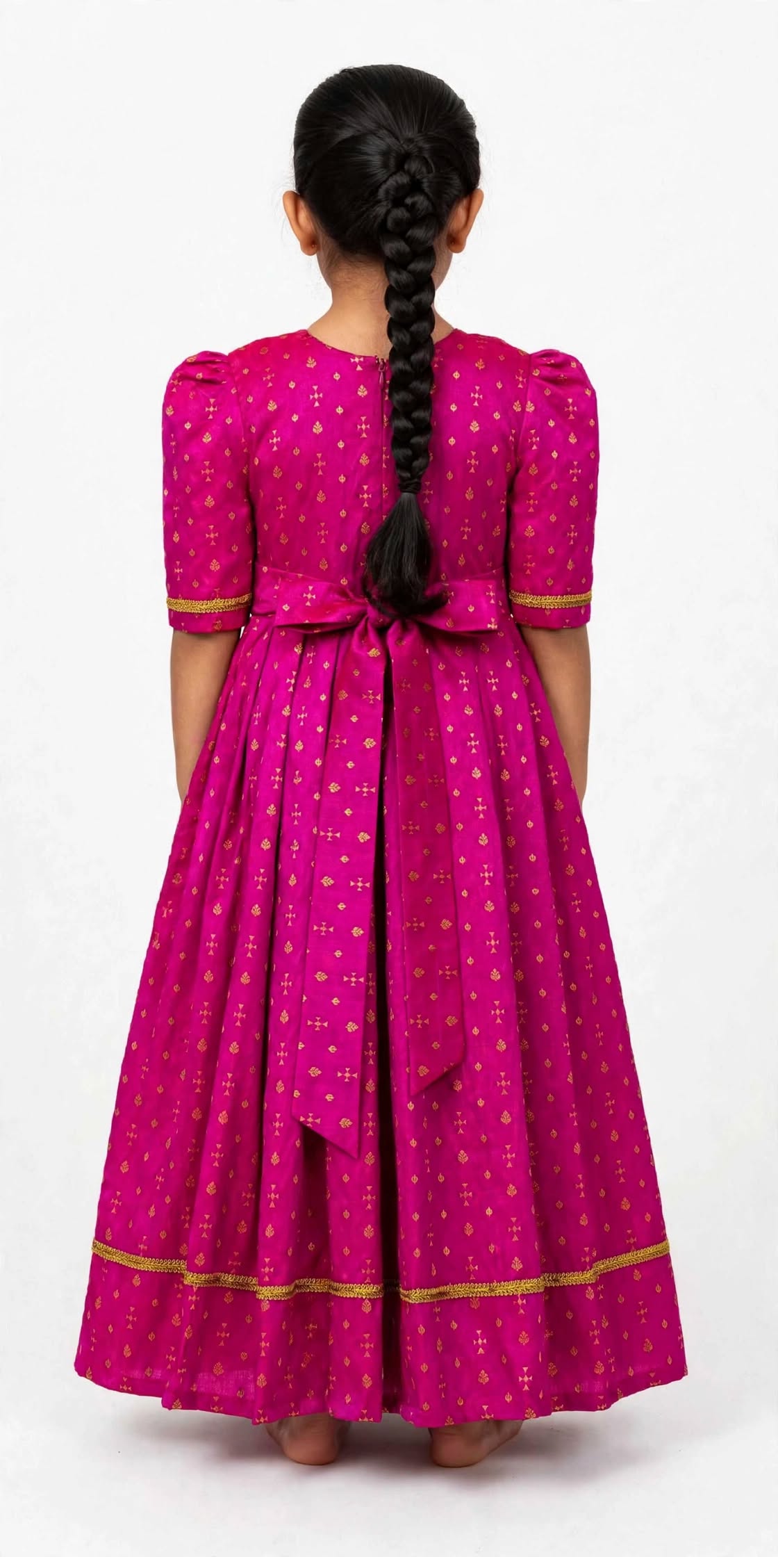 Pink Brocade Silk Flared Gown With Paithani Motif Yoke