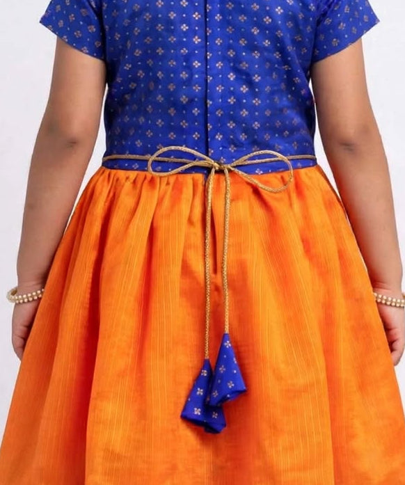 Orange Kotta Silk Flared Dress With Blue Brocade Silk Bodice