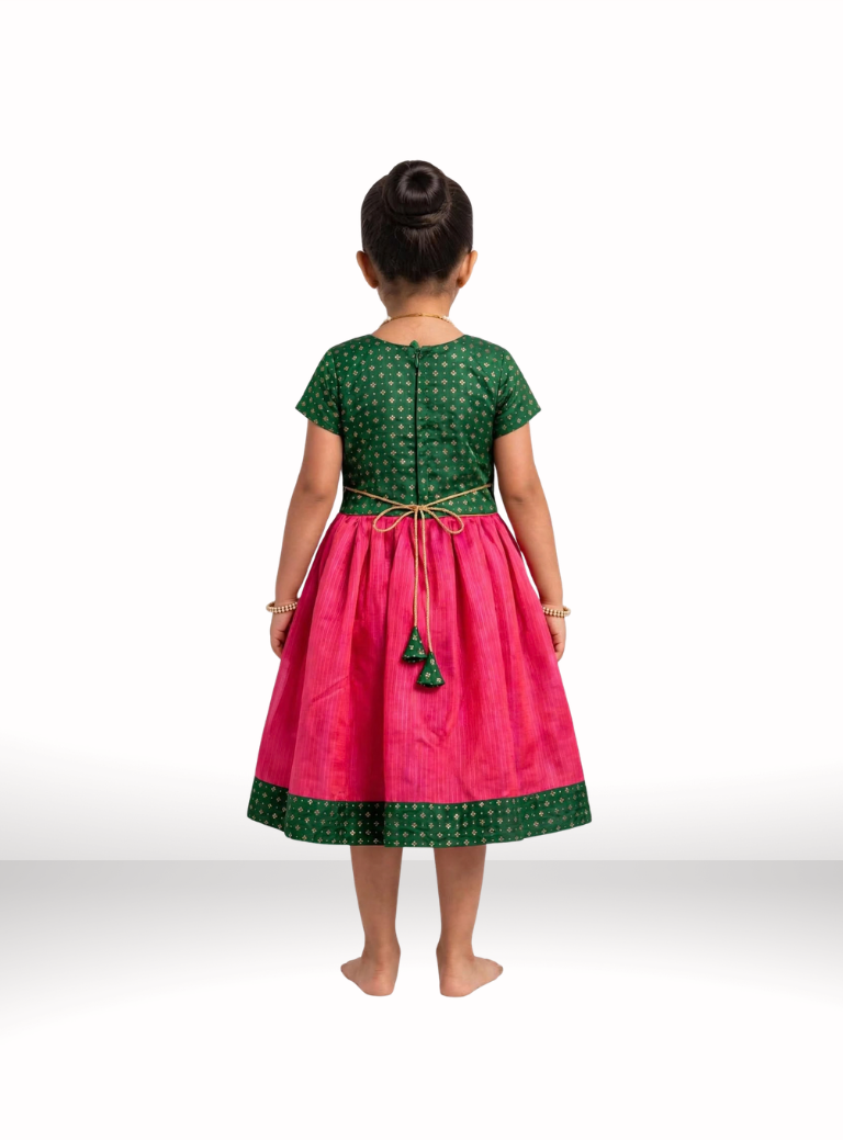 Pink Kotta Silk Flared Dress With Green Brocade Silk Bodice