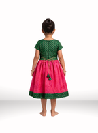 Pink Kotta Silk Flared Dress With Green Brocade Silk Bodice