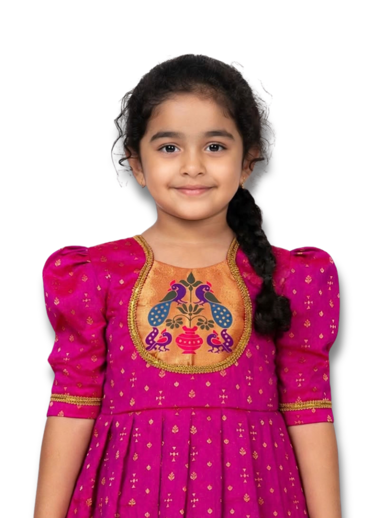Pink Brocade Silk Flared Gown With Paithani Motif Yoke