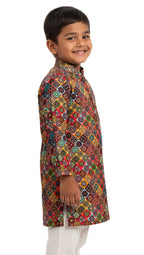 Multicolor Digital Printed Tussar Silk Stand Collar Kurta
