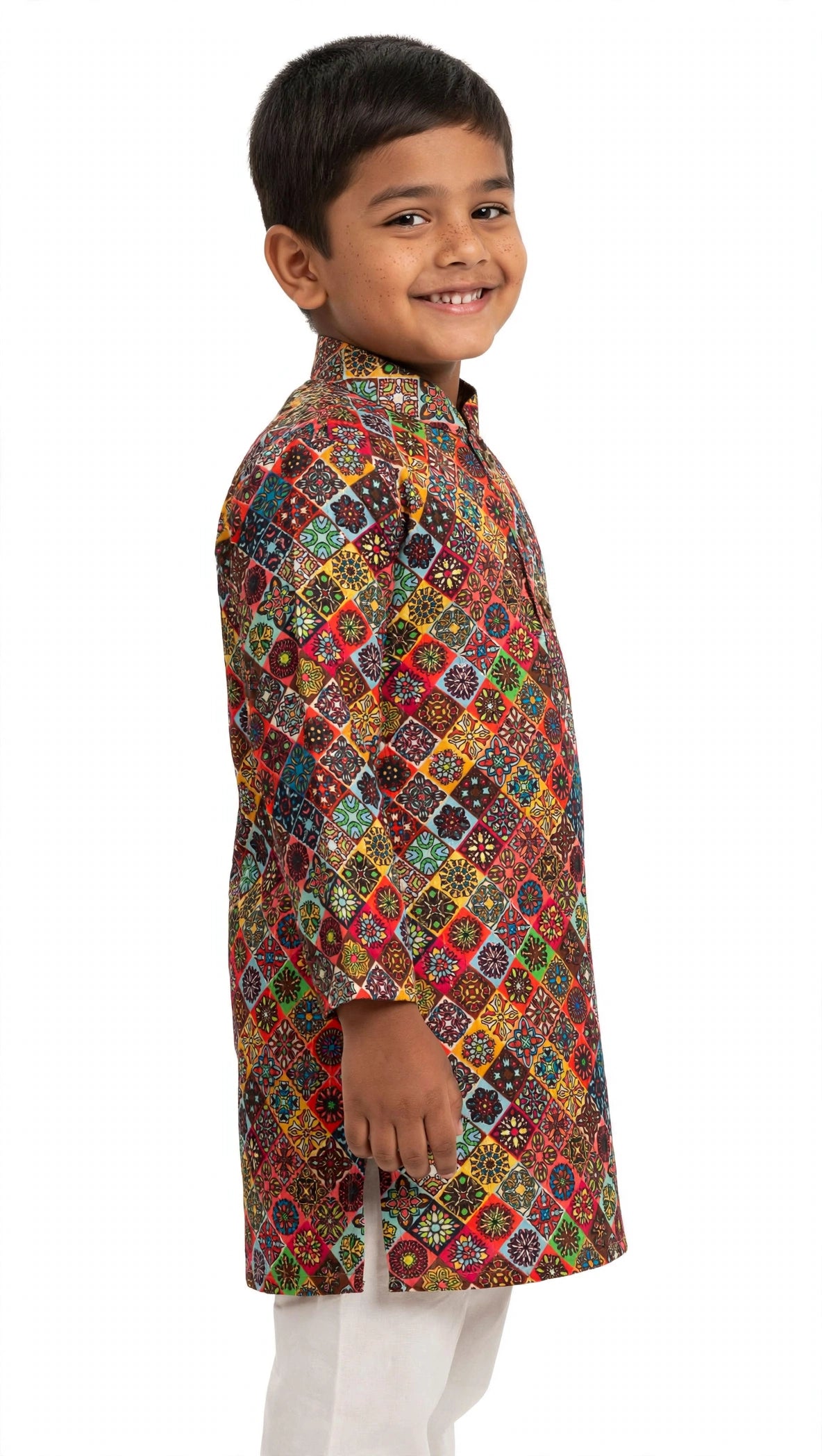 Multicolor Digital Printed Tussar Silk Stand Collar Kurta