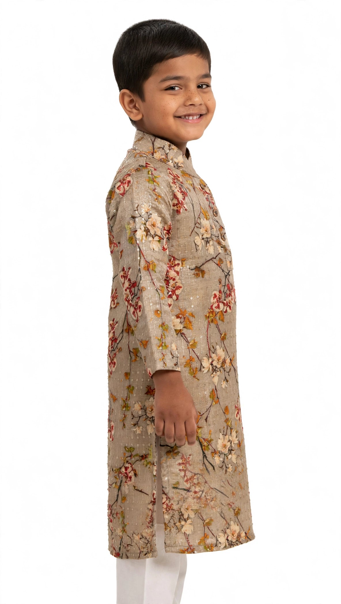 Grey Digital Printed Tussar Silk Stand Collar Kurta