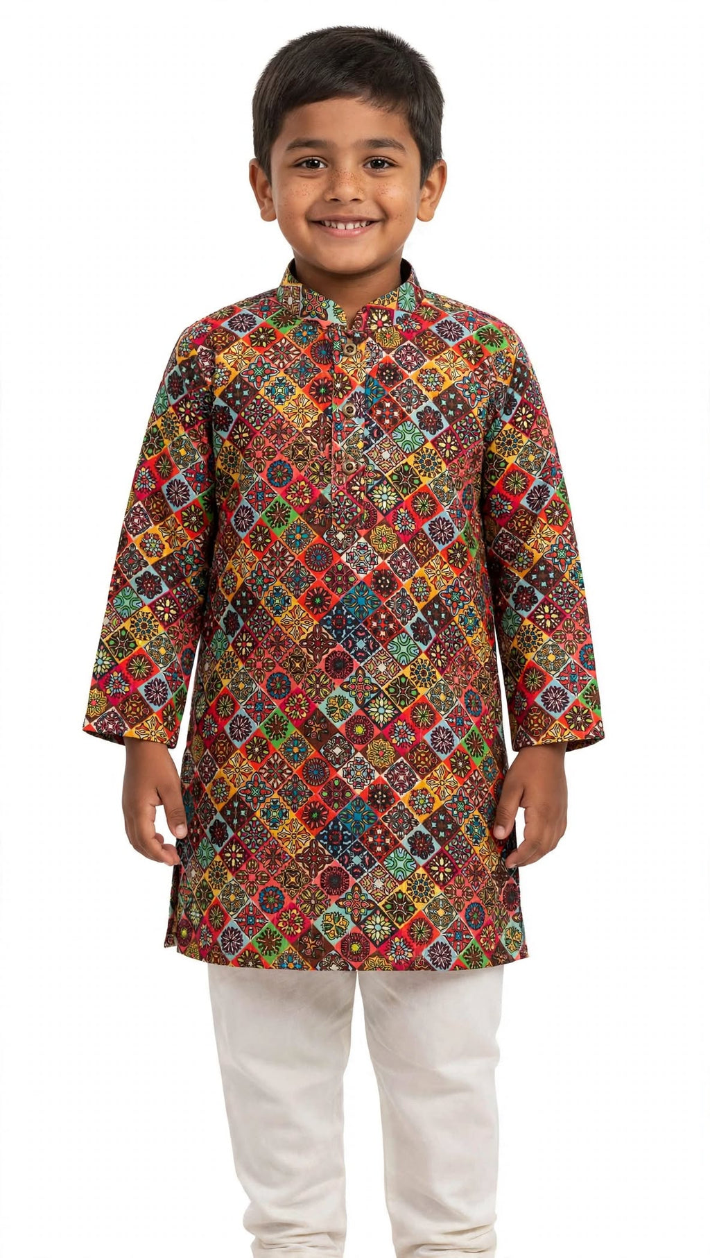 Multicolor Digital Printed Tussar Silk Stand Collar Kurta