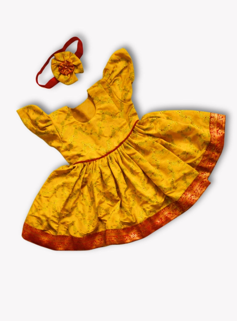 Shubha Yellow Brocade Silk Baby Girl Dress with Headband