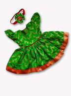 Shubha Green Brocade Silk Baby Girl Dress with Headband