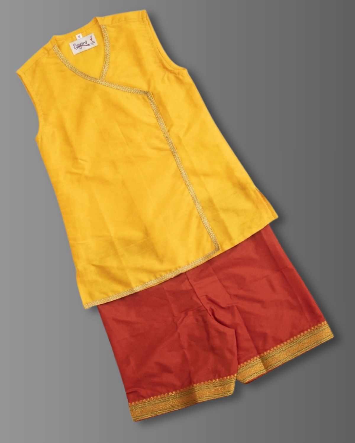 Chaula Karma / Chudakarma Sanskar Combo for Batu - Yellow includes yellow Taffeta silk sleeveless vest and Mysore Silk Inner Pant