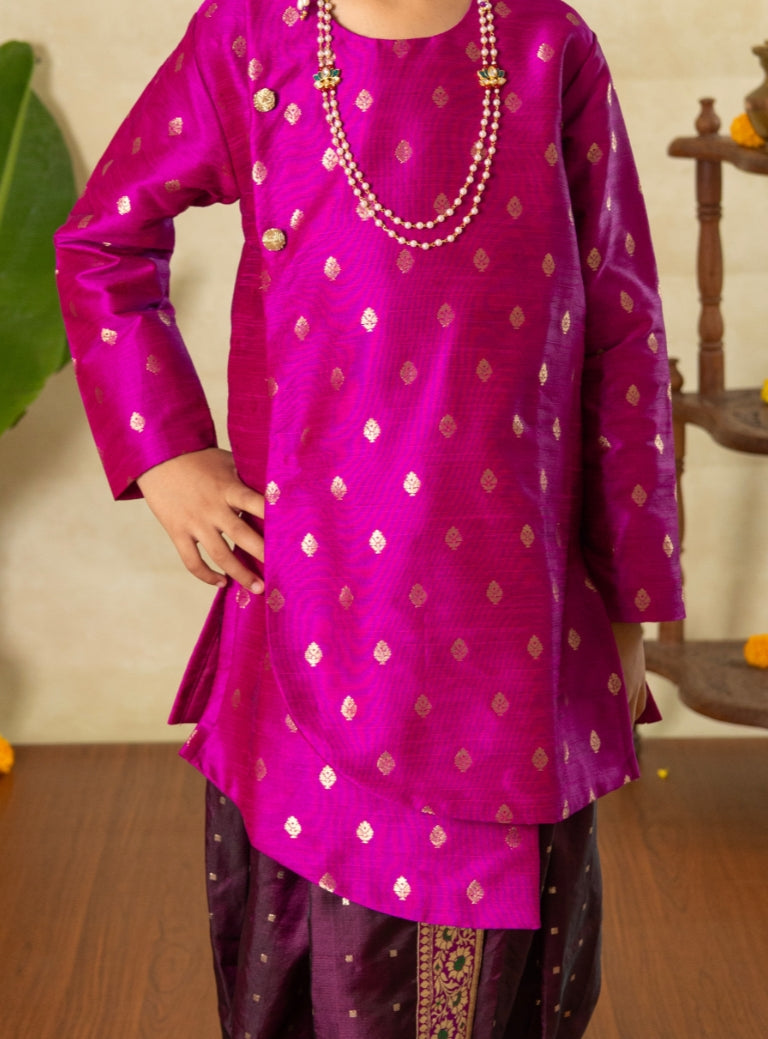 Magenta Raw Silk Asymmetric High Low Short Kurta