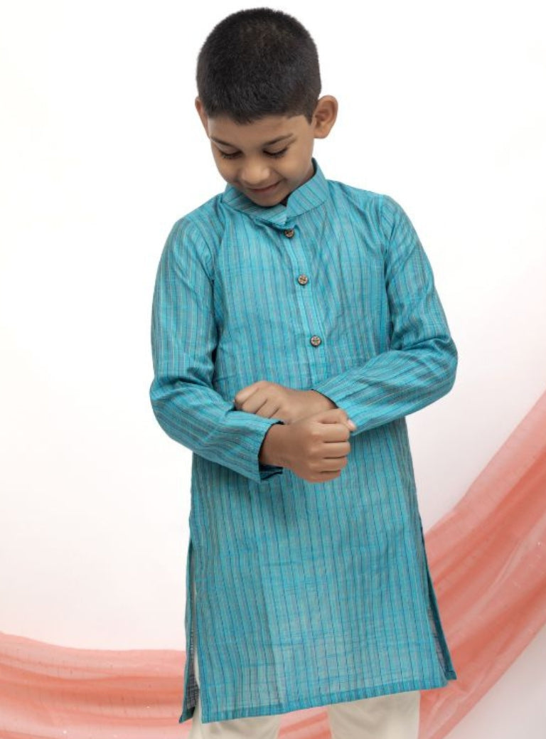 Teal Blue Striped Cotton Silk  Kurta