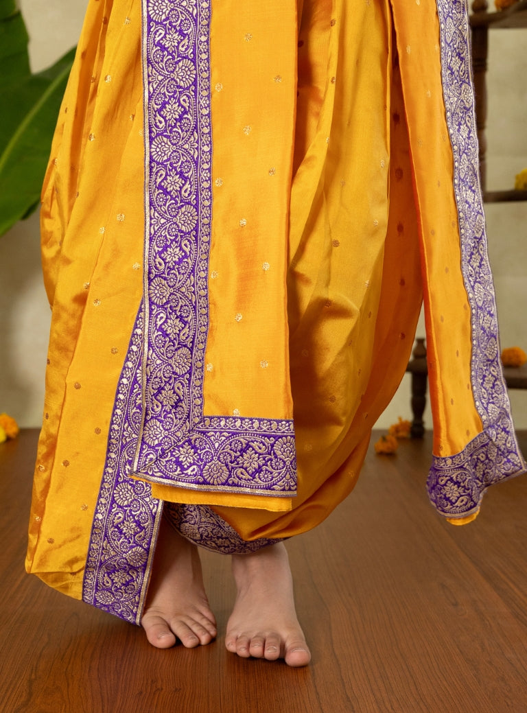 Mango Yellow soft taffeta silk Sovale uparane dhoti set with intricate purple banarasi border for Batu