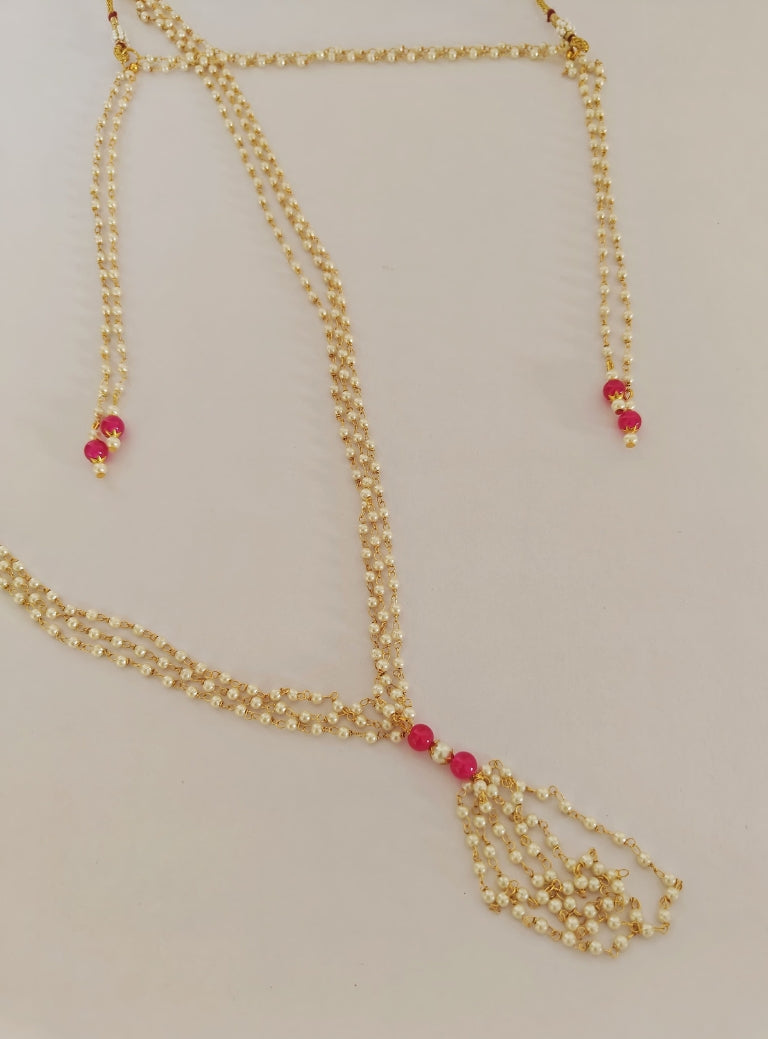 Pearls and pink glass beads Mundavali and Janave combo for Brahmavadini.Mundavalya,kanthi,bhikbali,topi,pagdi are boys accessories exclusively designed using Pearls,glass beads,jadau & gold plated findings for Brahmavadini,for Upanayan/Vratabandha/munj /thread ceremony.