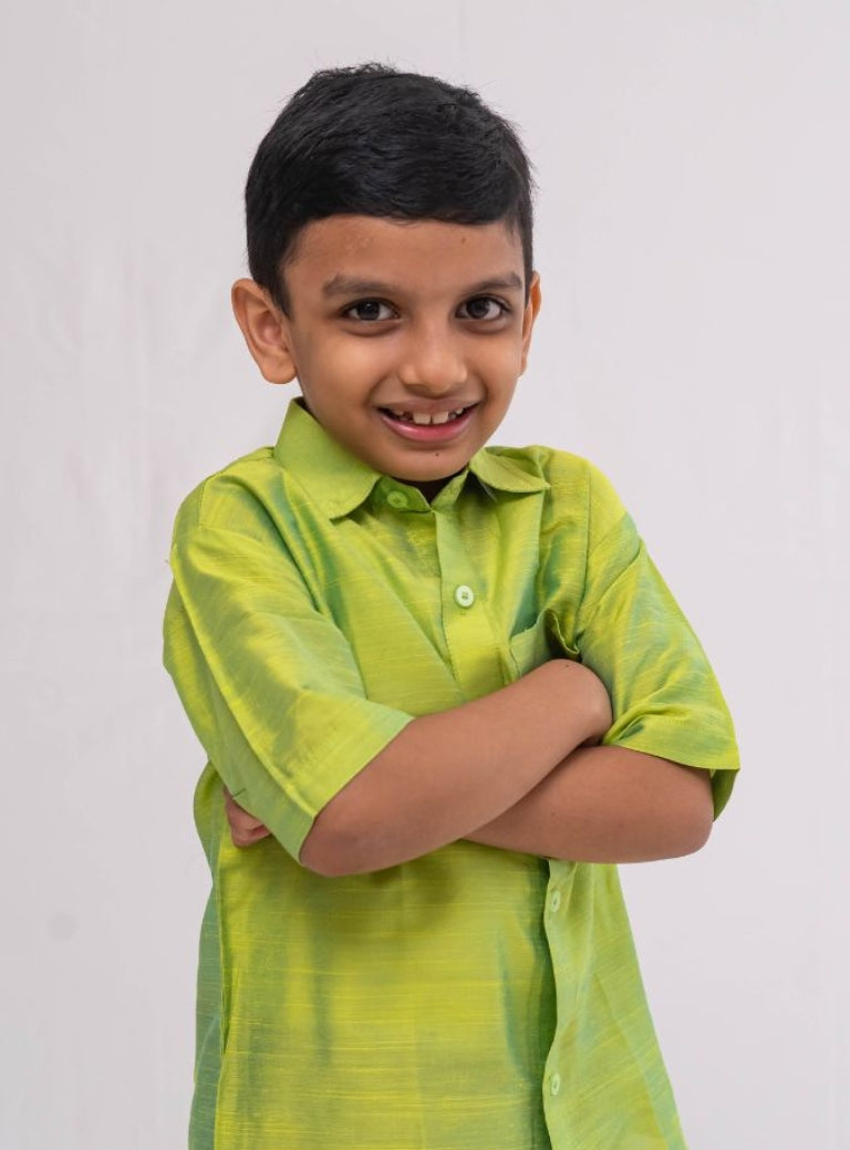 Parrot Green Plain Slub Cotton silk half sleeved shirt for Boys