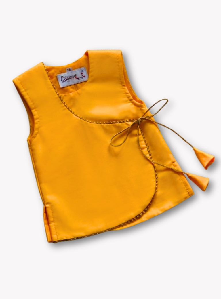 Yellow Taffeta Silk Sleeveless Gota Patti Overlap Vest
