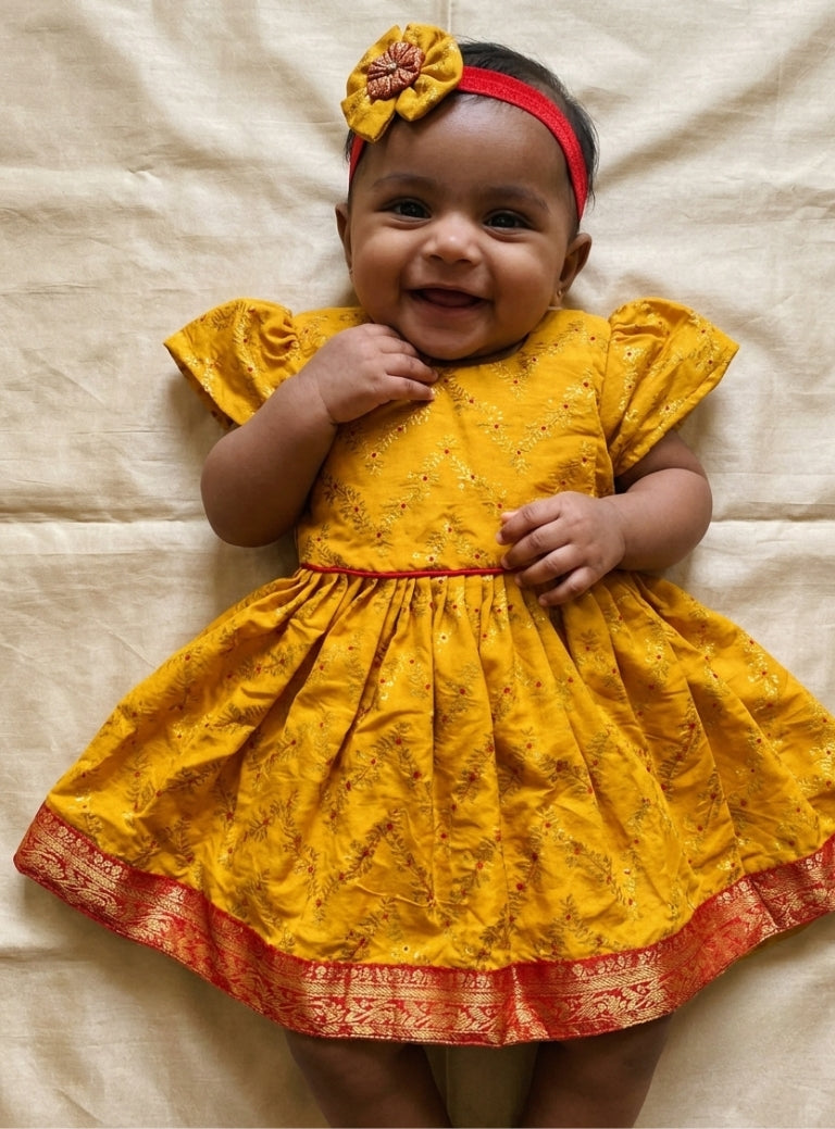Shubha Yellow Brocade Silk Baby Girl Dress with Headband