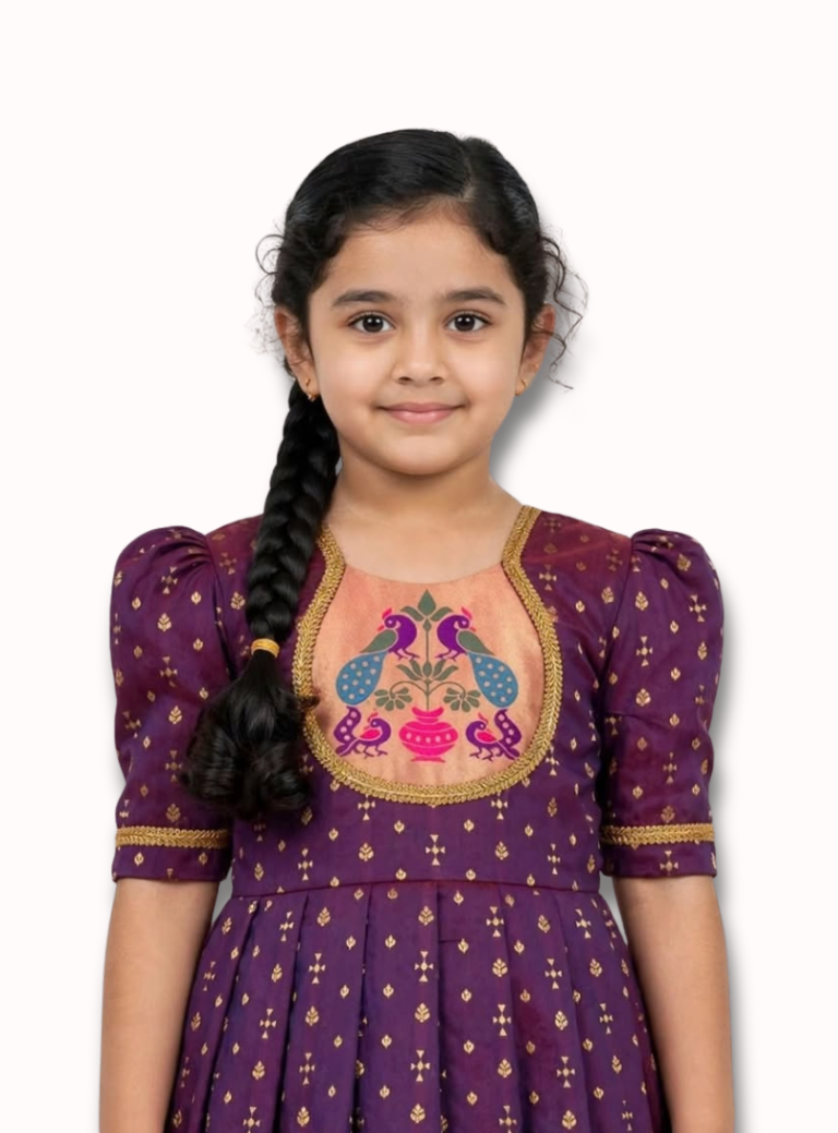 Wine Brocade Silk Flared Gown With Paithani Motif Yoke