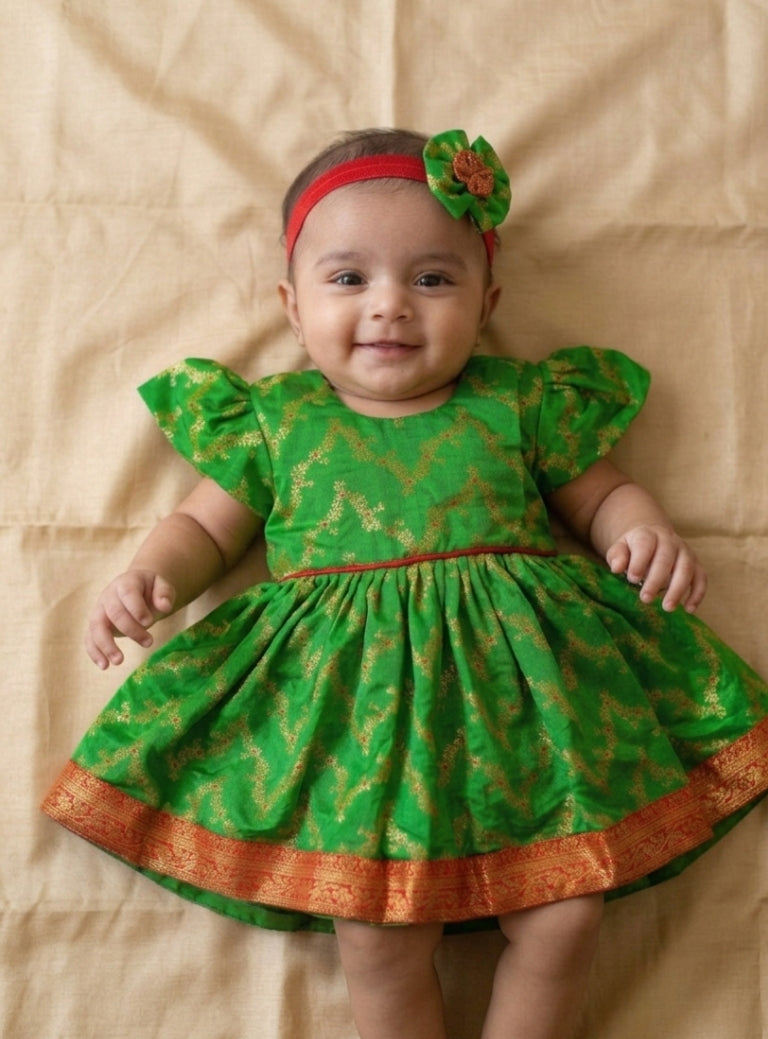 Shubha Green Brocade Silk Baby Girl Dress with Headband