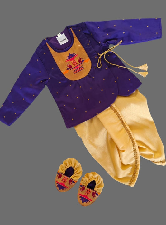 Purple brocade Angrakha kurta with Peacock Paithani yoke teamed with contrast golden dhoti for newborn baby boy.It's the perfect outfit for your baby's naming ceremony,naamkaran,annaprashan ceremony.Traditional dress for Noolukettu Ceremony,Pachavi Puja,cradle ceremony,Rice Ceremony,Chatti Puja etc. Apt gifting idea