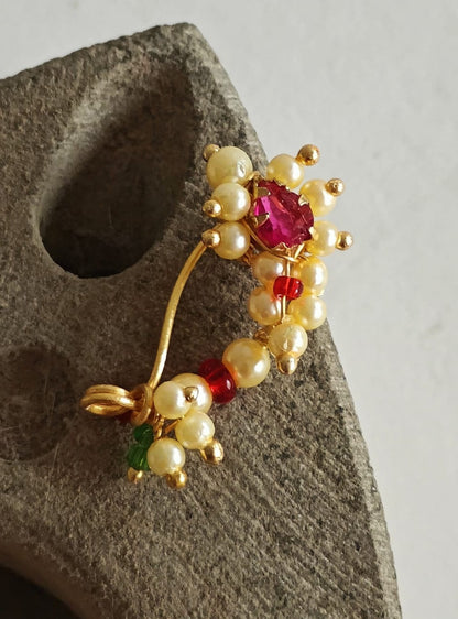 Gold Plated Marathi Mini Nath- Pink Accessories gifts fancy traditional ethnic trendy handmade accessories handcrafted matching assorted mix n match pearl multicolour metal golden nath nose pin nathani Marathi gold plated Maharashtrian accessory