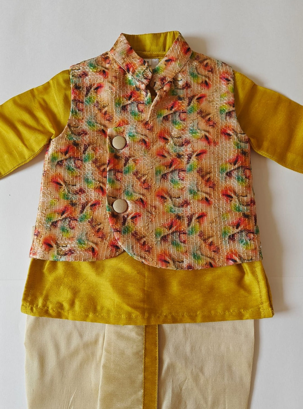 Olive Green cotton silk round neck kurta, Golden cotton silk dhoti with Tussar silk Jacket for Baby Boy.It's the perfect outfit for your baby's naming ceremony,naamkaran,annaprashan ceremony.Traditional dress for Noolukettu Ceremony,Pachavi Puja,cradle ceremony,Rice Ceremony,Chatti Puja etc. Apt gifting idea