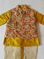 Olive Green cotton silk round neck kurta, Golden cotton silk dhoti with Tussar silk Jacket for Baby Boy.It's the perfect outfit for your baby's naming ceremony,naamkaran,annaprashan ceremony.Traditional dress for Noolukettu Ceremony,Pachavi Puja,cradle ceremony,Rice Ceremony,Chatti Puja etc. Apt gifting idea