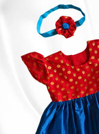 red brocade with blue silk front open newborn baby girl frock for naming ceremony with bonnet,bloomer & booties.It's the perfect outfit for your naamkaran or annaprashan ceremony.Traditional dress for Noolukettu Ceremony,Pachavi Puja,cradle ceremony,Rice Ceremony,Chatti Puja etc.Apt gifting idea 
