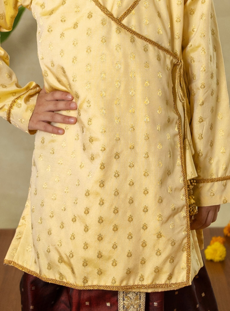 Cream Soft Brocade Silk Angarakha Kurta With Latkans