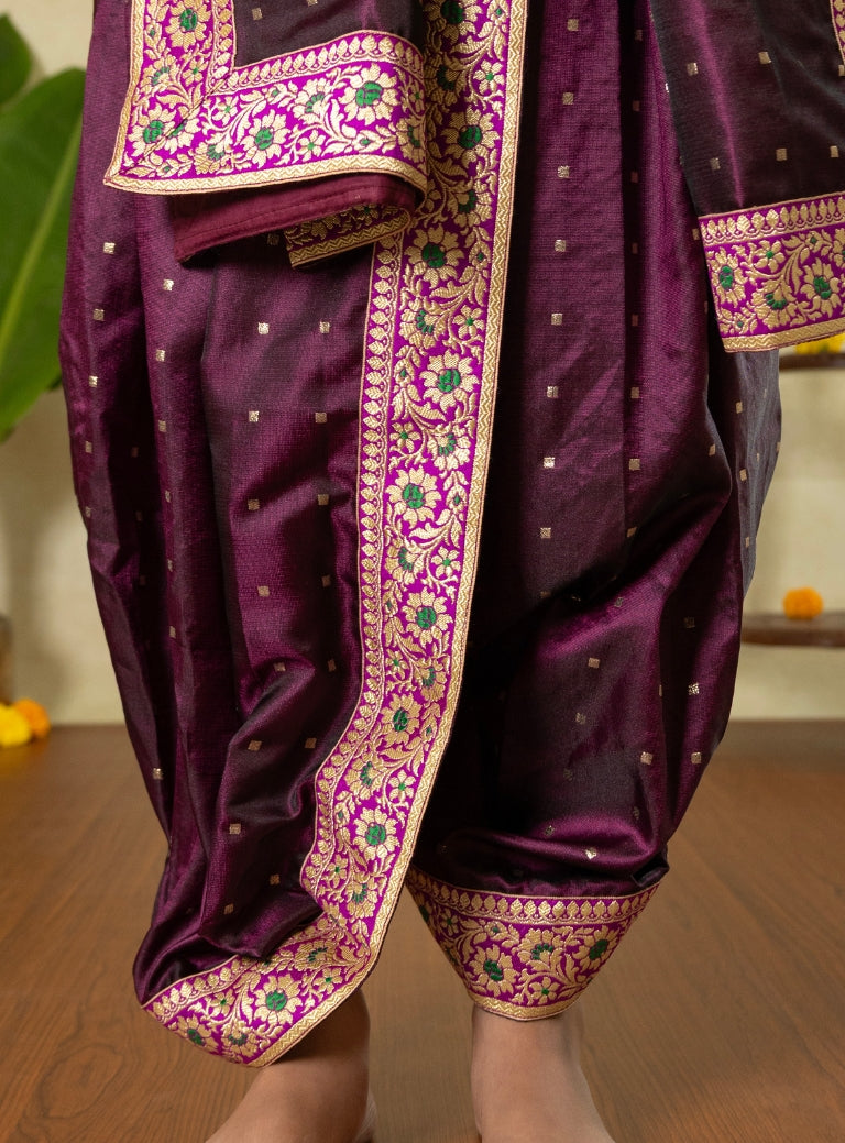Wine Satin Silk Sovale Uparane Set Magenta Banarasi Border
