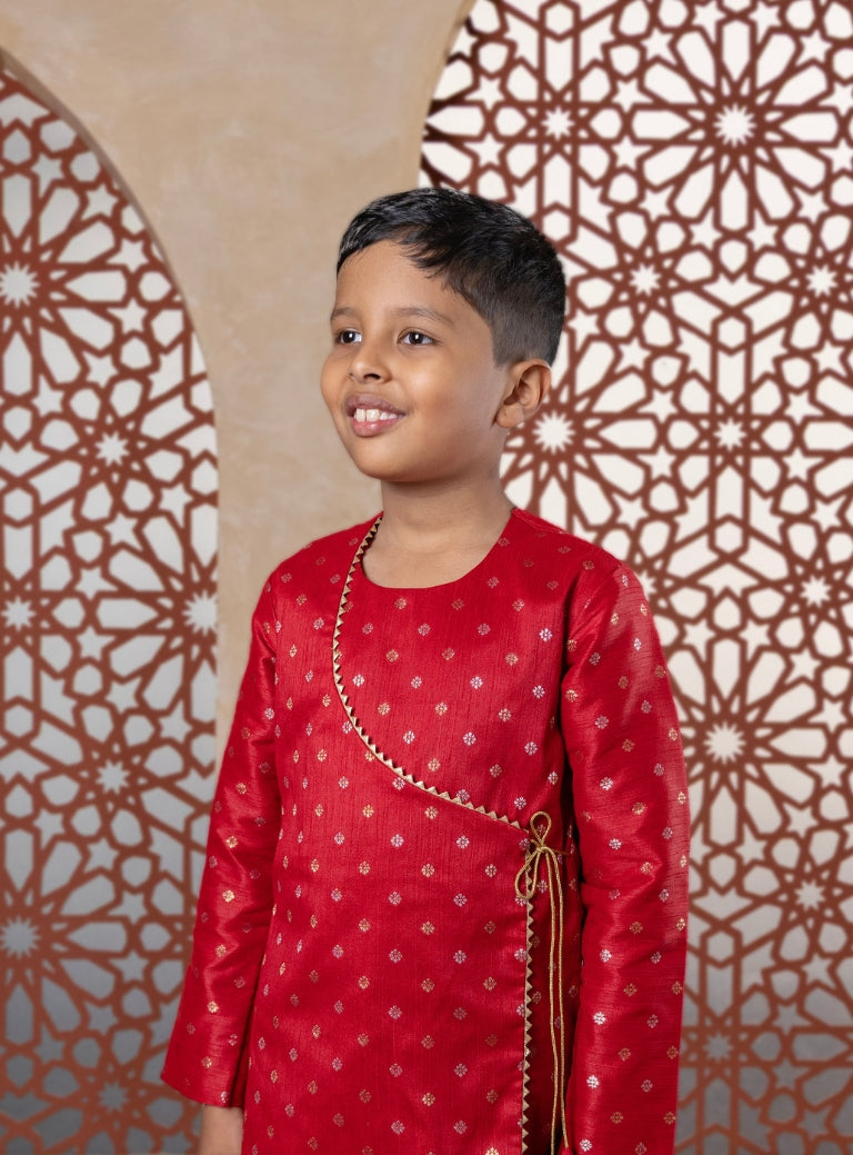 Maroon Raw Silk Angarakha Kurta With Gota Patti