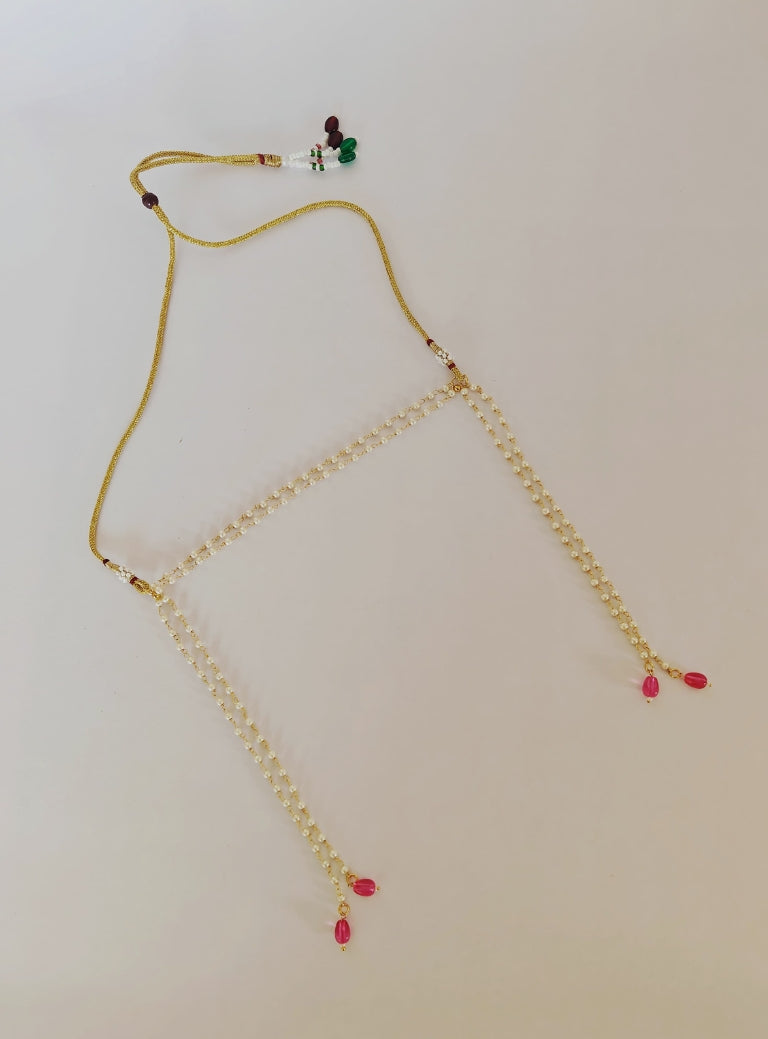 Pearls and pink glass beads Mundavali and Janave combo for Brahmavadini.Mundavalya,kanthi,bhikbali,topi,pagdi are boys accessories exclusively designed using Pearls,glass beads,jadau & gold plated findings for Brahmavadini,for Upanayan/Vratabandha/munj /thread ceremony.