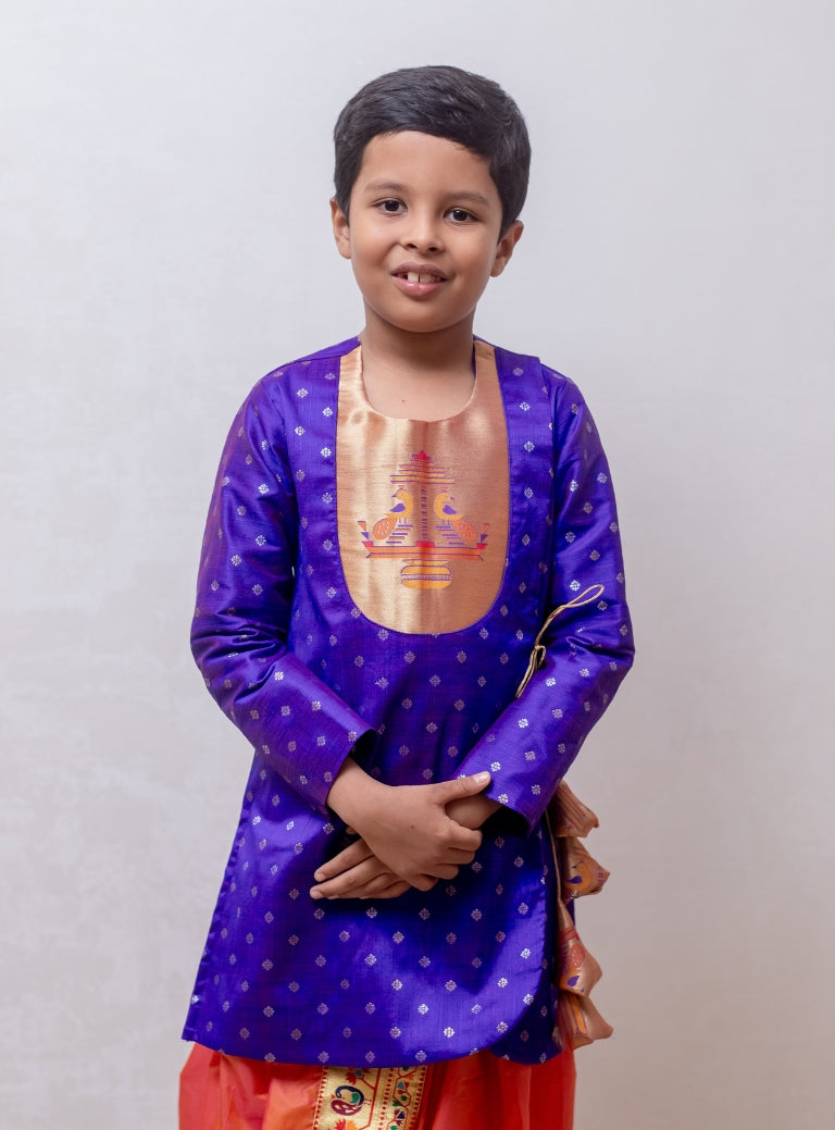 Royal Purple raw silk jari butta, Angarkha short kurta with Paithani yoke for Batu