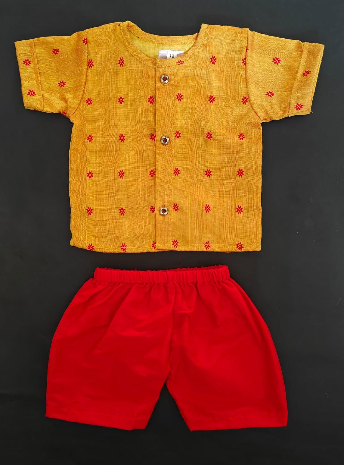 Turmeric yellow and red  raw silk Baba suit for newborn Baby Boy ideal for naming ceremony. It's the perfect outfit for your baby's naming ceremony,naamkaran,annaprashan ceremony.Traditional dress for Noolukettu Ceremony,Pachavi Puja,cradle ceremony,Rice Ceremony,Chatti Puja etc. Apt gifting idea