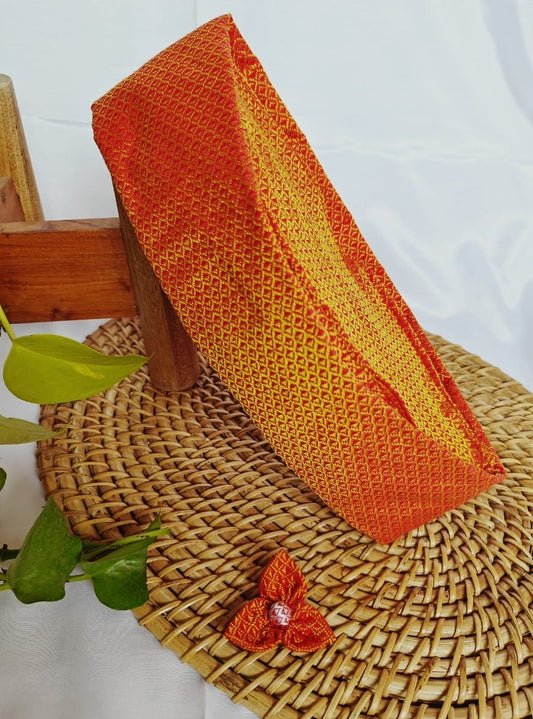 Orange Handloom Khunn Yajman Topi and cute small khunn Brooch Gift Combo.Perfect Accessory for any Puja or Festival. Mundavalya,kanthi,bhikbali,topi,pagdi are boys accessories exclusively designed using Pearls,glass beads,jadau & gold plated findings for Batu,for Upanayan/Vratabandha/munj /thread ceremony.