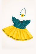 Anaya Set - Rama Green brocade with sunshine yellow malai silk front open flared newborn baby girl frock