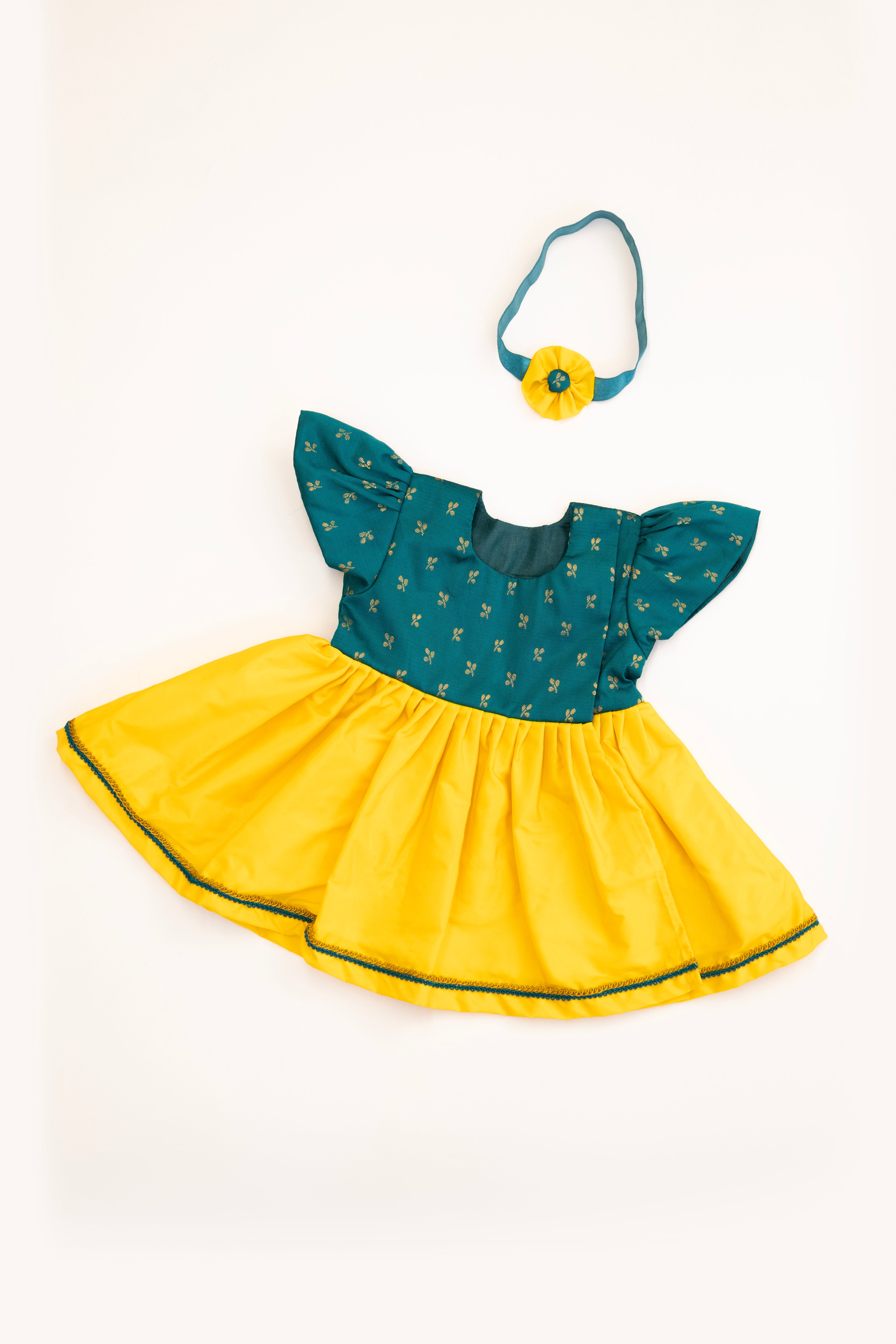 Anaya Set - Rama Green brocade with sunshine yellow malai silk front open flared newborn baby girl frock