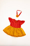 Anaya Set - Red brocade with Mustered Yellow malai silk front open flared newborn baby girl frock
