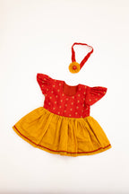 Anaya Red Brocade & Yellow Silk Baby Frock With Headband
