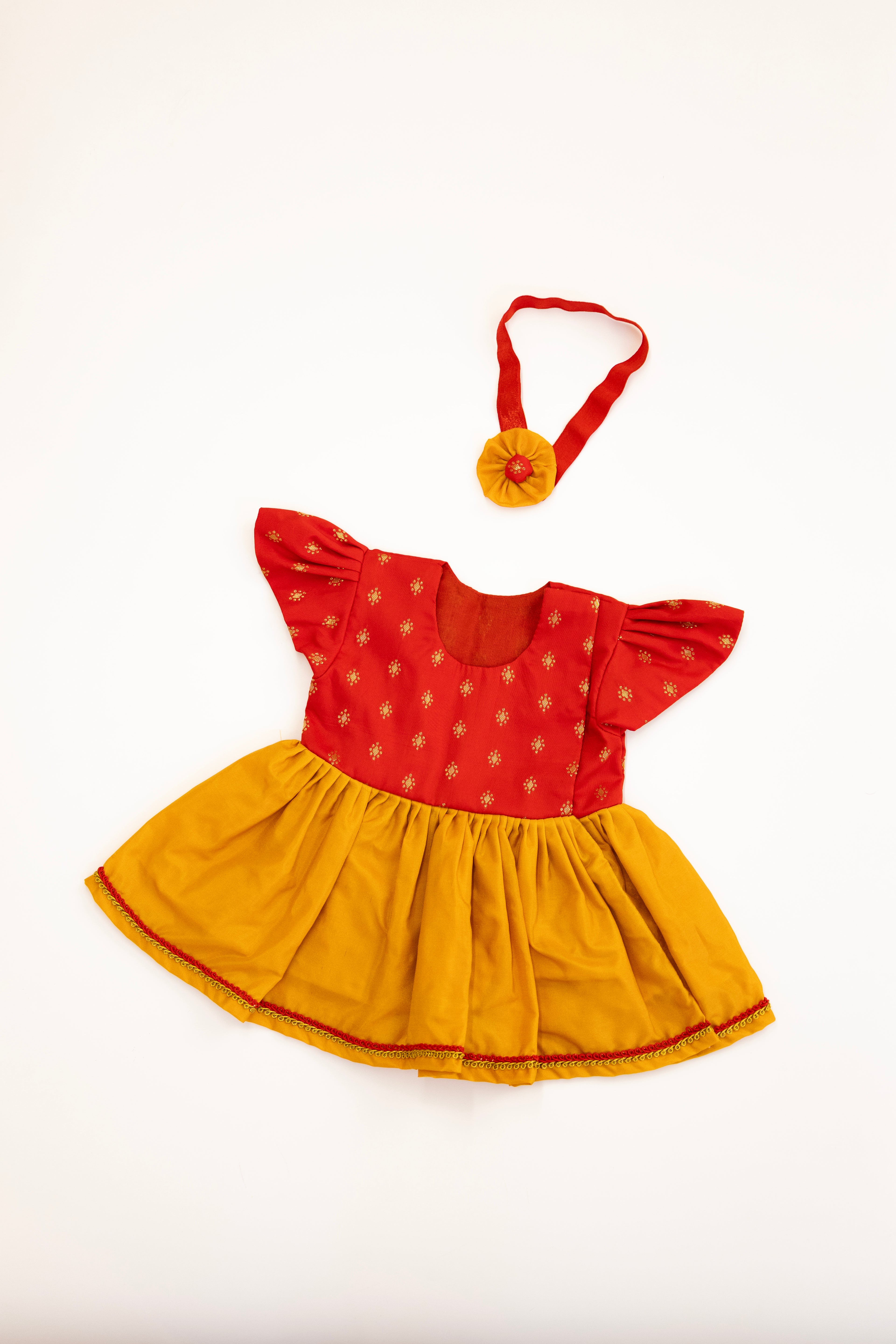 Anaya Set - Red brocade with Mustered Yellow malai silk front open flared newborn baby girl frock