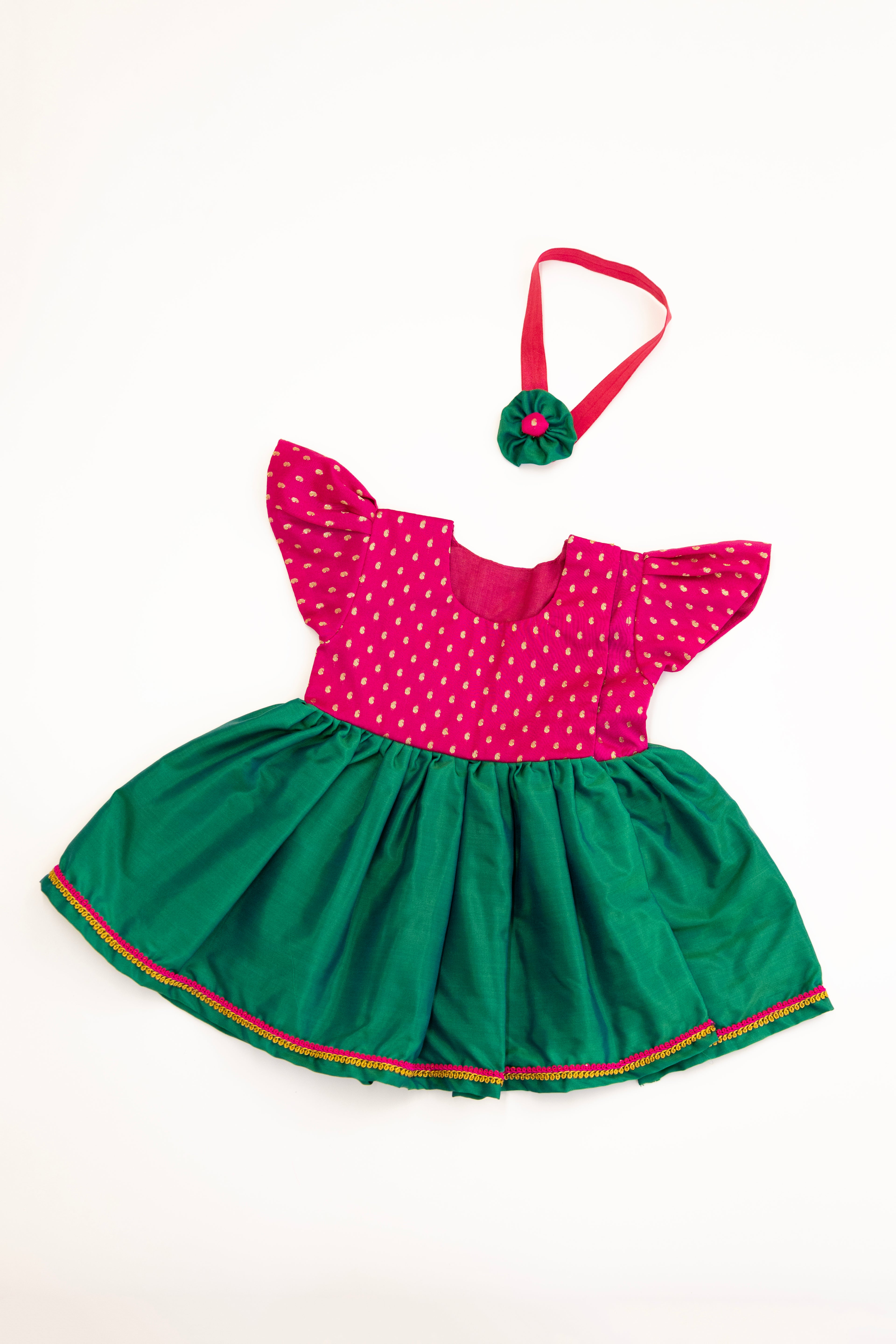 Anaya Set - Magenta brocade with Green malai silk front open flared newborn baby girl frock