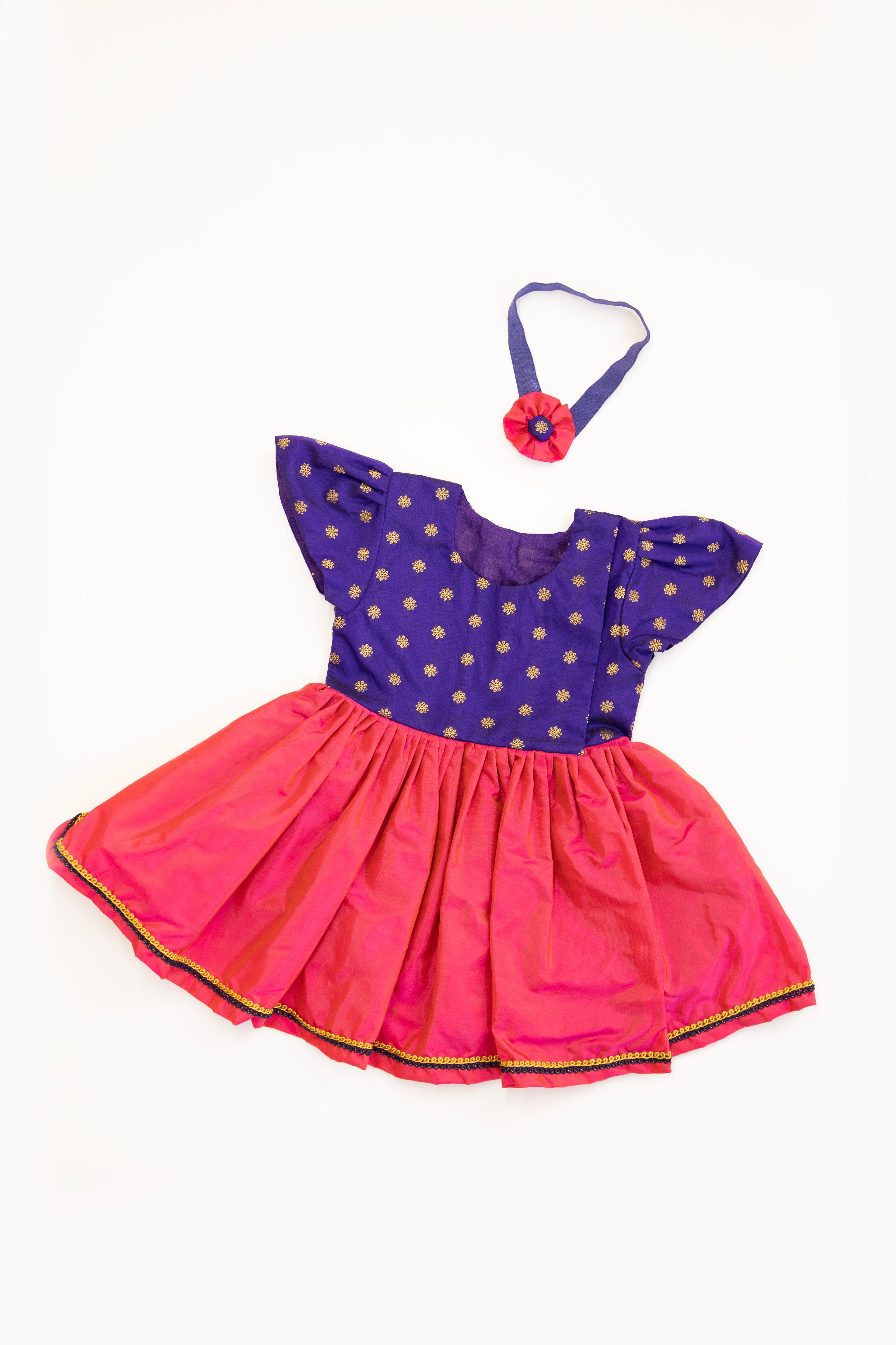 Anaya Set - Royal Purple brocade with Rani Pink malai silk front open flared newborn baby girl frock