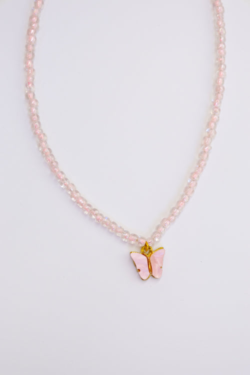 Baby Pink Glass beads necklace with enameled butterfly pendant for Girls