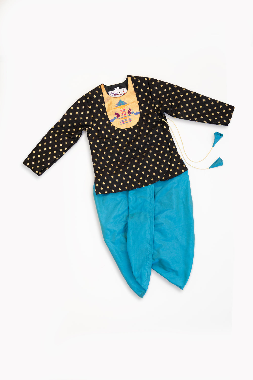 Black brocade silk front kurta with paithani motif yoke and matching tassels and teal blue malai silk dhoti for new born